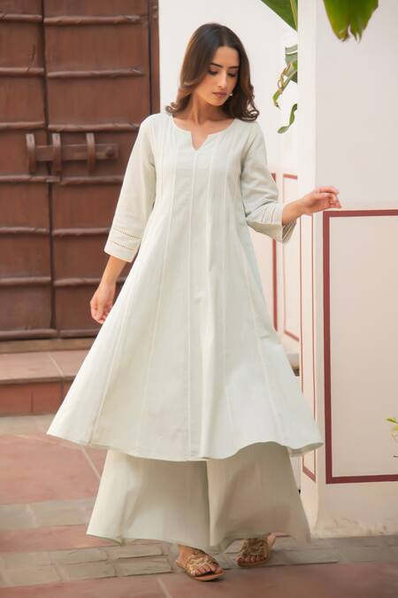 Shop_Seher Jaipur_Mint Embroidery Split V-neck Green Saira Anarkali Set _Online_at_Aza_Fashions