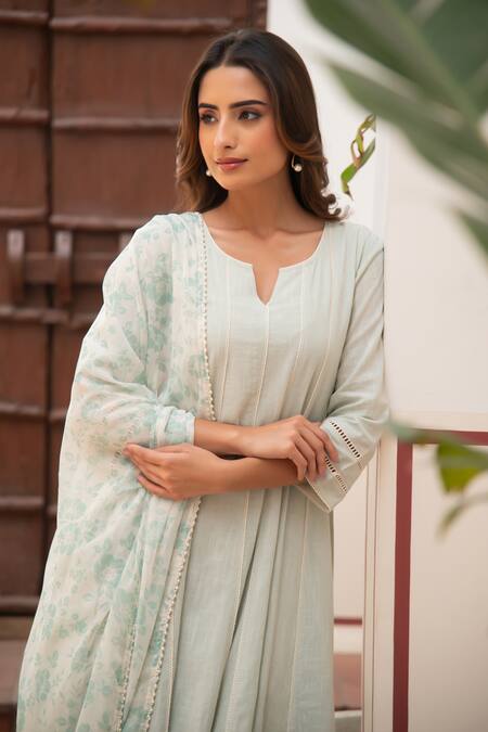 Shop_Seher Jaipur_Mint Embroidery Split V-neck Green Saira Anarkali Set 