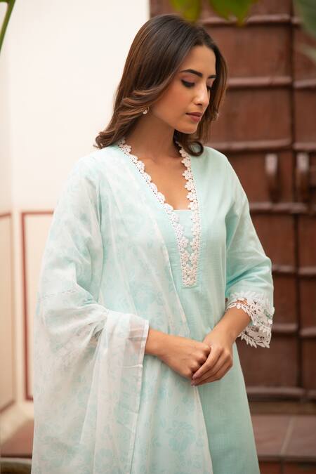 Seher Jaipur_Blue Lace, Embroidery Light Samira Kurta Set _at_Aza_Fashions