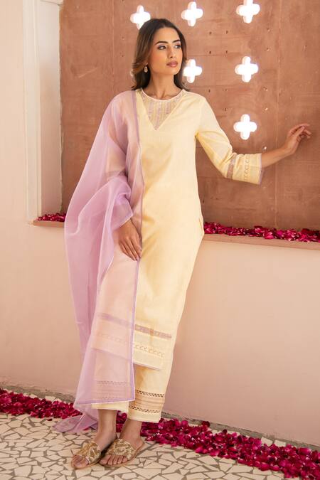 Seher Jaipur_Yellow Embroidery Zeenat Kurta Set _Online_at_Aza_Fashions