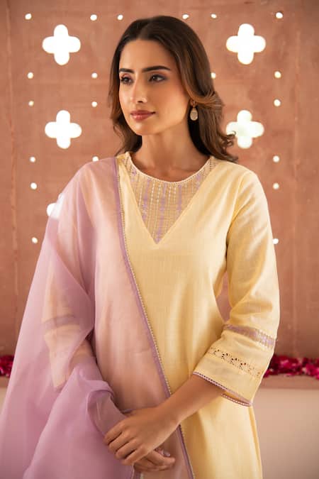 Shop_Seher Jaipur_Yellow Embroidery Zeenat Kurta Set _Online_at_Aza_Fashions