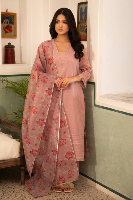 Shop_Seher Jaipur_Mauve Embroidery Round Neck Fiha Kurta Set _Online_at_Aza_Fashions