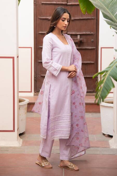 Shop_Seher Jaipur_Purple Lace, Embroidery Split V-neck Fiha Muslin Silk Kurta Set_Online_at_Aza_Fashions