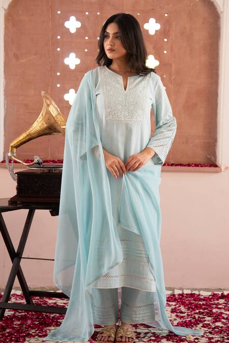 Shop_Seher Jaipur_Blue Embroidery Keyhole Neck Inayat Kurta Set _Online_at_Aza_Fashions