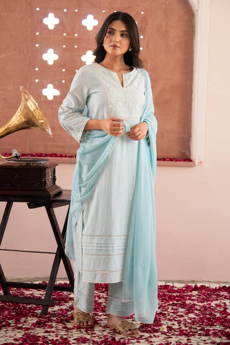 Seher Jaipur_Blue Embroidery Keyhole Neck Inayat Kurta Set _at_Aza_Fashions