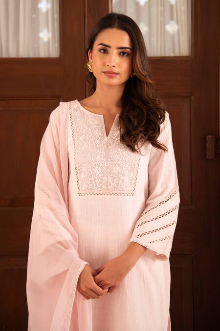Buy_Seher Jaipur_Pink Embroidery Split V-neck Inayat Kurta Set _Online_at_Aza_Fashions