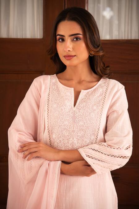 Shop_Seher Jaipur_Pink Embroidery Split V-neck Inayat Kurta Set _Online_at_Aza_Fashions