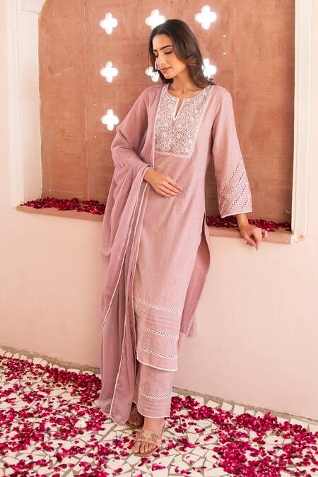 Shop_Seher Jaipur_Mauve Muslin Embroidery Split V-neck Silk Inayat Kurta Set _Online_at_Aza_Fashions
