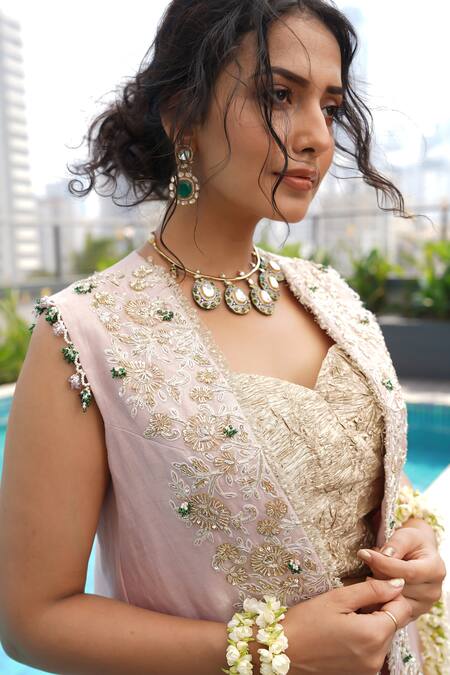 Shop_Aditi Somani_Pink Chanderi Embroidery, Beads, Sequins Round Neck, Baby Jacket And Sharara Set _Online_at_Aza_Fashions