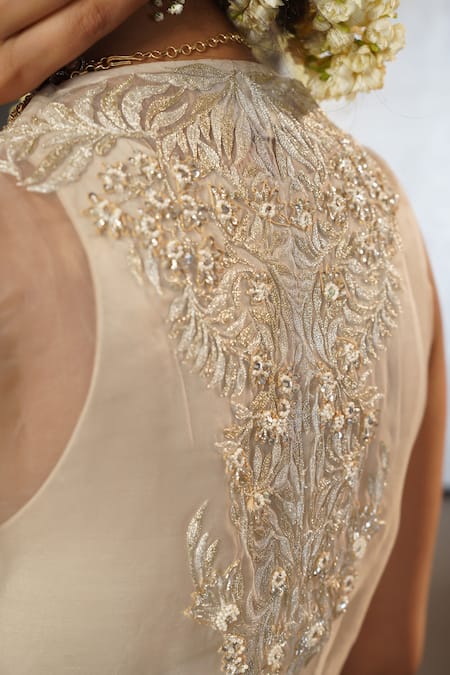 Buy_Aditi Somani_Beige Organza, Silk, Linen Sequins, Beads Round Embroidered Fusion Kurta Set _Online_at_Aza_Fashions