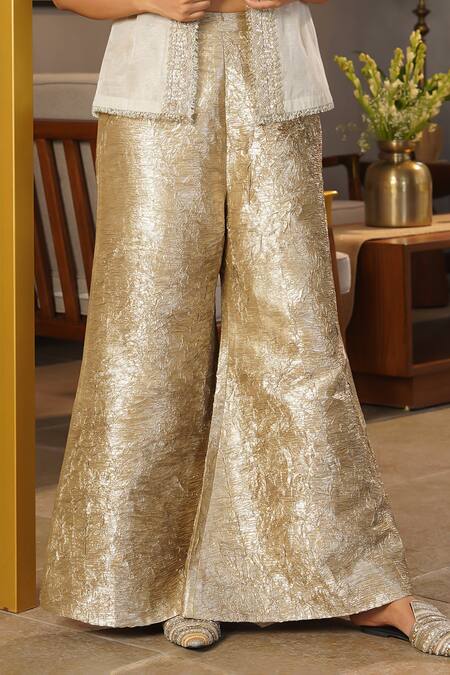 Shop_Aditi Somani_White Chanderi Gota Patti, Beads V-neck And Gold Palazzo Set _Online_at_Aza_Fashions