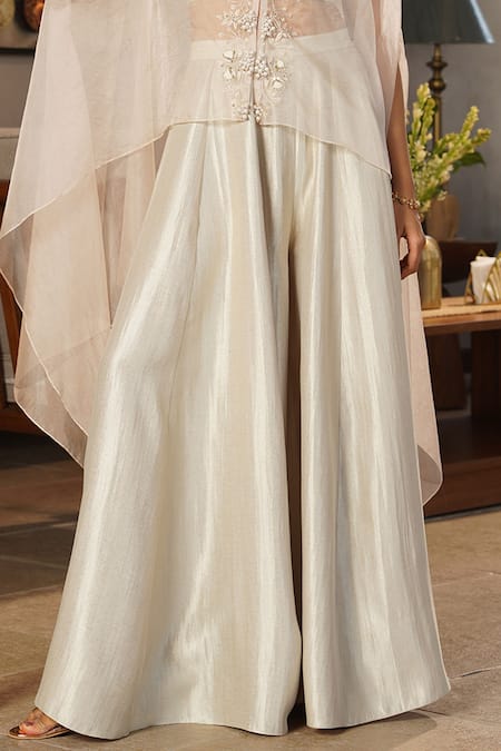 Aditi Somani_Beige Organza, Tissue Pearls, Sequins, Embroidery Round Neck Cape Sharara Set _Online_at_Aza_Fashions