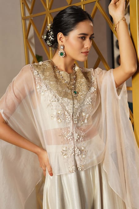 Buy_Aditi Somani_Beige Organza, Tissue Pearls, Sequins, Embroidery Round Neck Cape Sharara Set _Online_at_Aza_Fashions