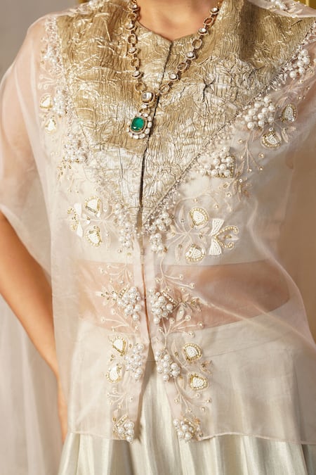 Shop_Aditi Somani_Beige Organza, Tissue Pearls, Sequins, Embroidery Round Neck Cape Sharara Set _Online_at_Aza_Fashions