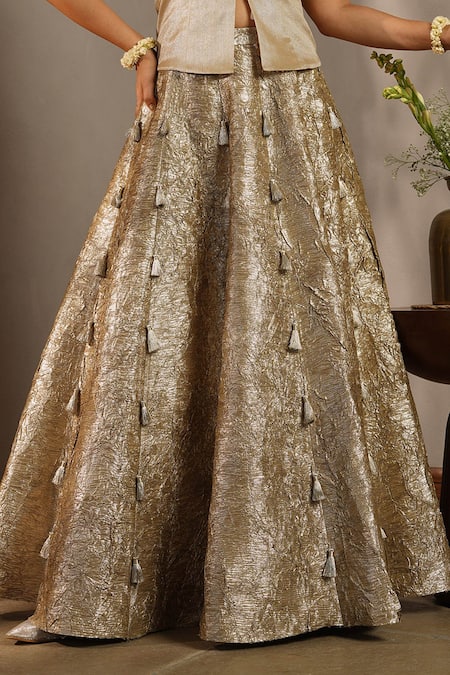 Aditi Somani Gold Sequins, Embroidery, Gota Patti Open Neck Crush Fusion Lehenga Set Online at Aza Fashions Aditi Somani_Gold Sequins, Embroidery, Gota Patti Open Neck Crush Fusion Lehenga Set _Online_at_Aza_Fashions