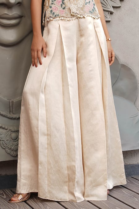 Aditi Somani_Beige Tissue, Satin Embroidery, Pearls V-neck Floral Jacket Set _Online_at_Aza_Fashions