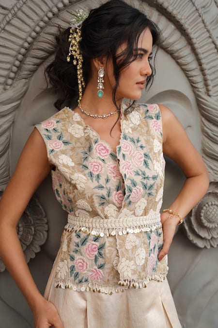 Shop_Aditi Somani_Beige Tissue, Satin Embroidery, Pearls V-neck Floral Jacket Set _Online_at_Aza_Fashions