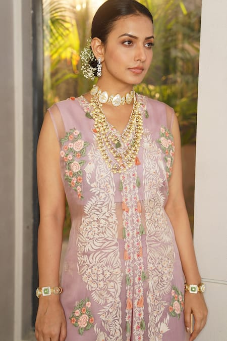 Buy Aditi Somani Pink Organza, Satin Embroidery V-neck Rose Kurta Set Online at Aza Fashions Buy_Aditi Somani_Pink Organza, Satin Embroidery V-neck Rose Kurta Set _Online_at_Aza_Fashions