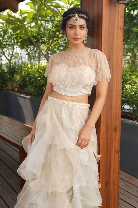 Aditi Somani Cream Georgette, Net, Organza Beads, Sequins, Fusion Lehenga Set With Cape Online at Aza Fashions Aditi Somani_Cream Georgette, Net, Organza Beads, Sequins, Fusion Lehenga Set With Cape _Online_at_Aza_Fashions