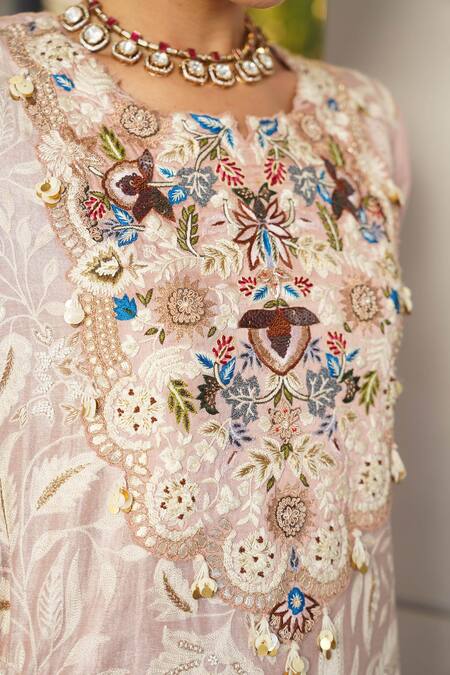 Shop_Aditi Somani_Pink Chanderi Embroidery Round Neck Baby Kurta Set _Online_at_Aza_Fashions