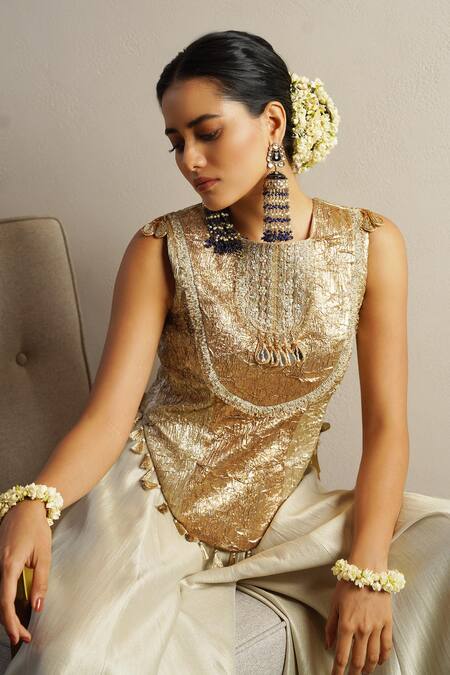 Shop_Aditi Somani_Gold Tissue Embroidery, Gota Patti High Neck And Silver Kurta Set _Online_at_Aza_Fashions