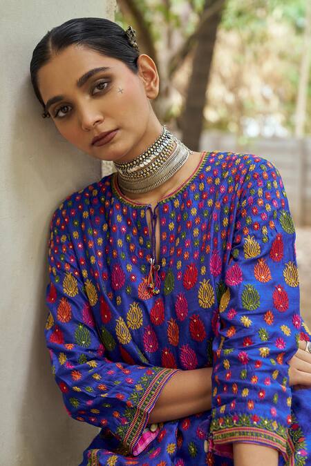 Shop_Shraddha Rambhia_Blue Silk Embroidery Round Neck Printed Kurta Set With Dhoti Pant_Online_at_Aza_Fashions