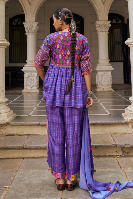 Shop Shraddha Rambhia Purple Silk Embroidery Round Neck Printed Kurta Set at Aza Fashions Shop_Shraddha Rambhia_Purple Silk Embroidery Round Neck Printed Kurta Set_at_Aza_Fashions