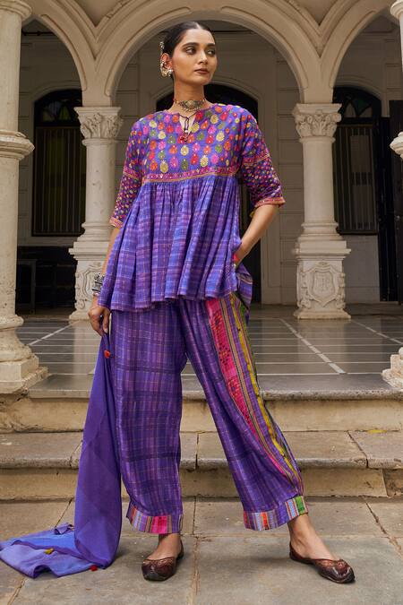 Shop Shraddha Rambhia Purple Silk Embroidery Round Neck Printed Kurta Set Online at Aza Fashions Shop_Shraddha Rambhia_Purple Silk Embroidery Round Neck Printed Kurta Set_Online_at_Aza_Fashions