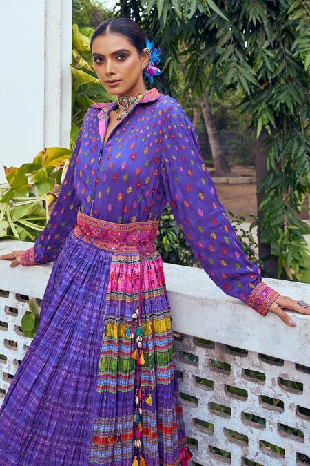 Buy_Shraddha Rambhia_Purple Collared Designer Fusion Lehenga Set_Online_at_Aza_Fashions