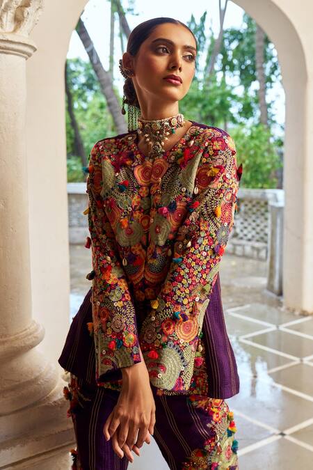 Shraddha Rambhia_Purple Silk Tassels, Embroidery Round Neck Floral Kurta Set_Online_at_Aza_Fashions