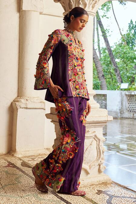 Shop_Shraddha Rambhia_Purple Silk Tassels, Embroidery Round Neck Floral Kurta Set_Online_at_Aza_Fashions