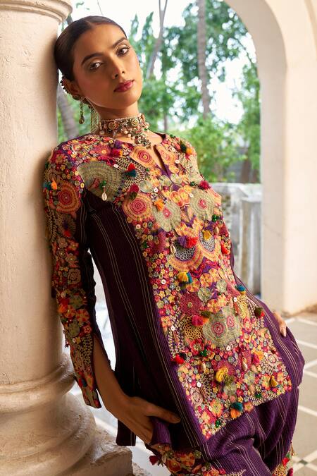 Shraddha Rambhia_Purple Silk Tassels, Embroidery Round Neck Floral Kurta Set_at_Aza_Fashions