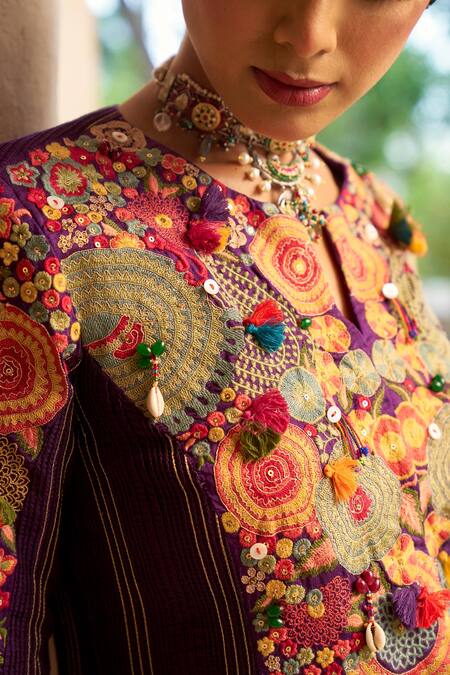 Buy_Shraddha Rambhia_Purple Silk Tassels, Embroidery Round Neck Floral Kurta Set