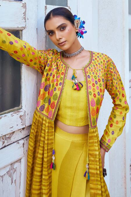 Buy_Shraddha Rambhia_Yellow Tassels, Embroidery Open , Round Printed Fusion Kurta Set_Online_at_Aza_Fashions