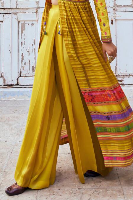 Shop_Shraddha Rambhia_Yellow Tassels, Embroidery Open , Round Printed Fusion Kurta Set_Online_at_Aza_Fashions