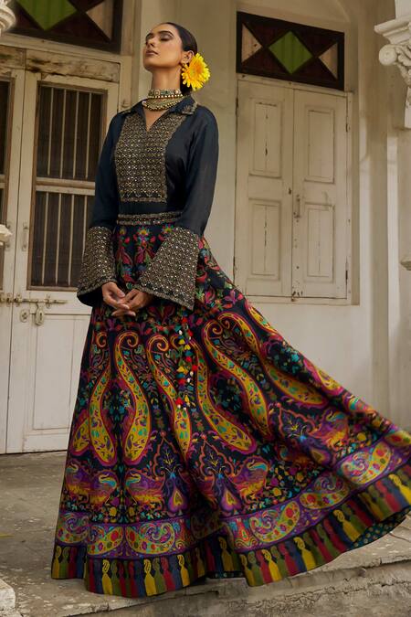 Buy_Shraddha Rambhia_Black Silk Embroidery Collared, V-neck Fusion Lehenga Set_Online_at_Aza_Fashions