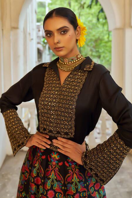Shop_Shraddha Rambhia_Black Silk Embroidery Collared, V-neck Fusion Lehenga Set_Online_at_Aza_Fashions