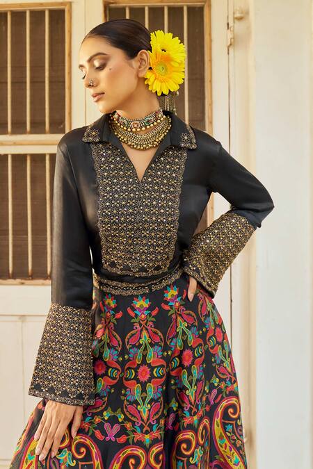 Shraddha Rambhia_Black Silk Embroidery Collared, V-neck Fusion Lehenga Set_at_Aza_Fashions