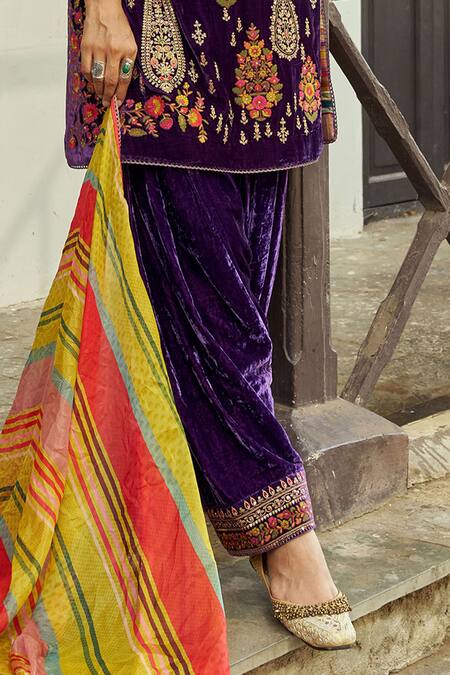 Shraddha Rambhia_Purple Velvet Embroidery Round Neck Kurta Set_Online_at_Aza_Fashions