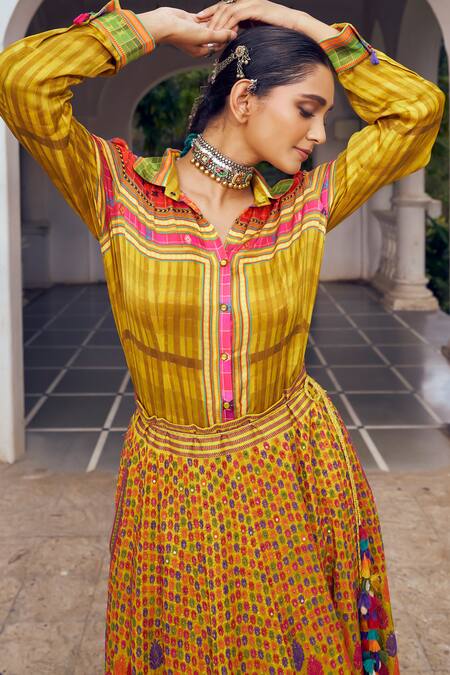 Buy_Shraddha Rambhia_Yellow Satin Collared Printed Fusion Lehenga Set_Online_at_Aza_Fashions