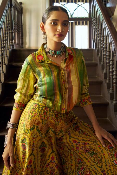 Shraddha Rambhia_Multi Color Silk Embroidery Collared Yellow Printed Kurta Set_Online_at_Aza_Fashions
