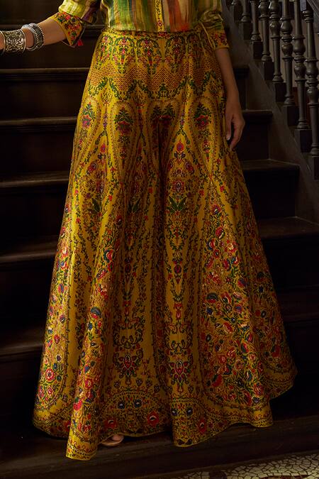 Buy_Shraddha Rambhia_Multi Color Silk Embroidery Collared Yellow Printed Kurta Set_Online_at_Aza_Fashions