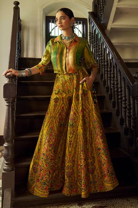 Shop_Shraddha Rambhia_Multi Color Silk Embroidery Collared Yellow Printed Kurta Set_Online_at_Aza_Fashions