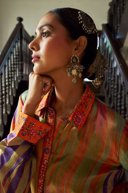 Shraddha Rambhia_Orange Silk Embroidery Collared Printed Fusion Lehenga Set_Online_at_Aza_Fashions