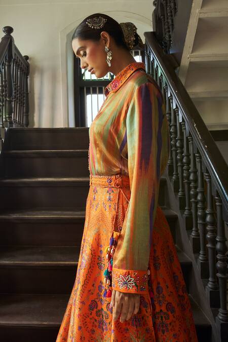 Buy_Shraddha Rambhia_Orange Silk Embroidery Collared Printed Fusion Lehenga Set_Online_at_Aza_Fashions