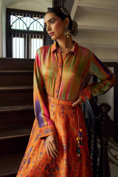 Shop_Shraddha Rambhia_Orange Silk Embroidery Collared Printed Fusion Lehenga Set_Online_at_Aza_Fashions