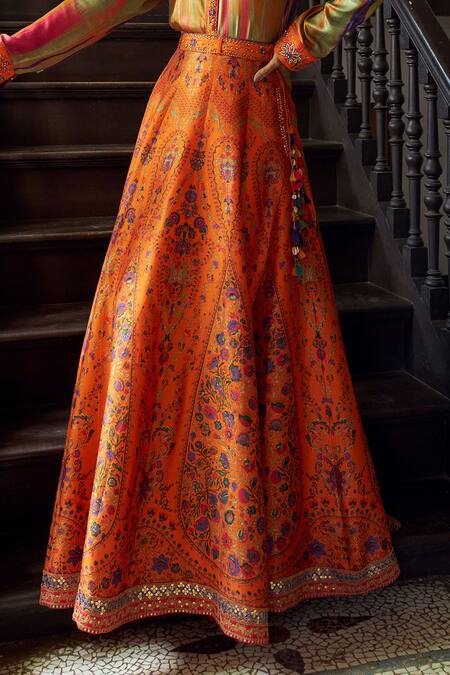 Shraddha Rambhia_Orange Silk Embroidery Collared Printed Fusion Lehenga Set_at_Aza_Fashions
