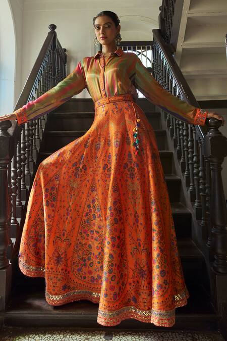 Buy_Shraddha Rambhia_Orange Silk Embroidery Collared Printed Fusion Lehenga Set
