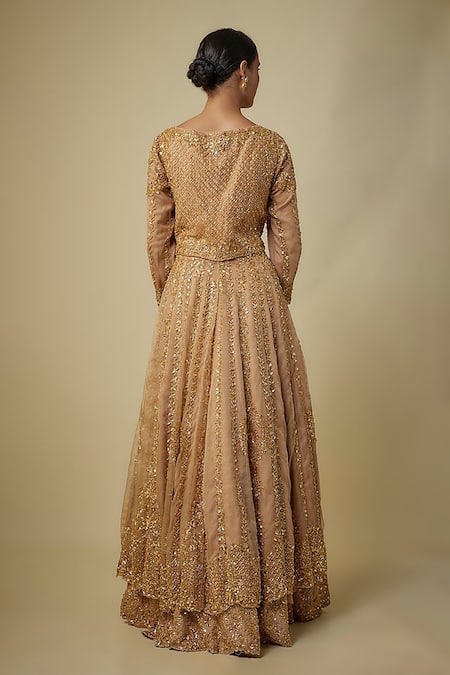 Shop Mehak Murpana Gold Organza, Silk Sequins, Embroidery Sweetheart Embellished Kurta Lehenga Set at Aza Fashions Shop_Mehak Murpana_Gold Organza, Silk Sequins, Embroidery Sweetheart Embellished Kurta Lehenga Set _at_Aza_Fashions