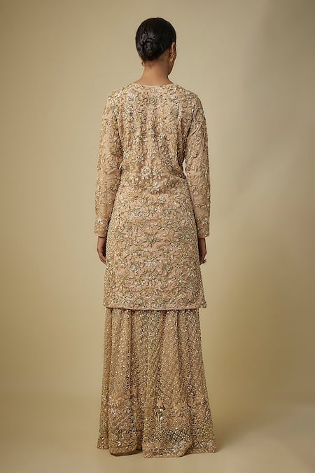 Shop Mehak Murpana Gold Net Sequins, Embroidery V-neck Kurta Set at Aza Fashions Shop_Mehak Murpana_Gold Net Sequins, Embroidery V-neck Kurta Set _at_Aza_Fashions